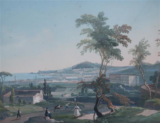 Neapolitan School Views of the Bay of Naples and temple ruins 11 x 16.5in.